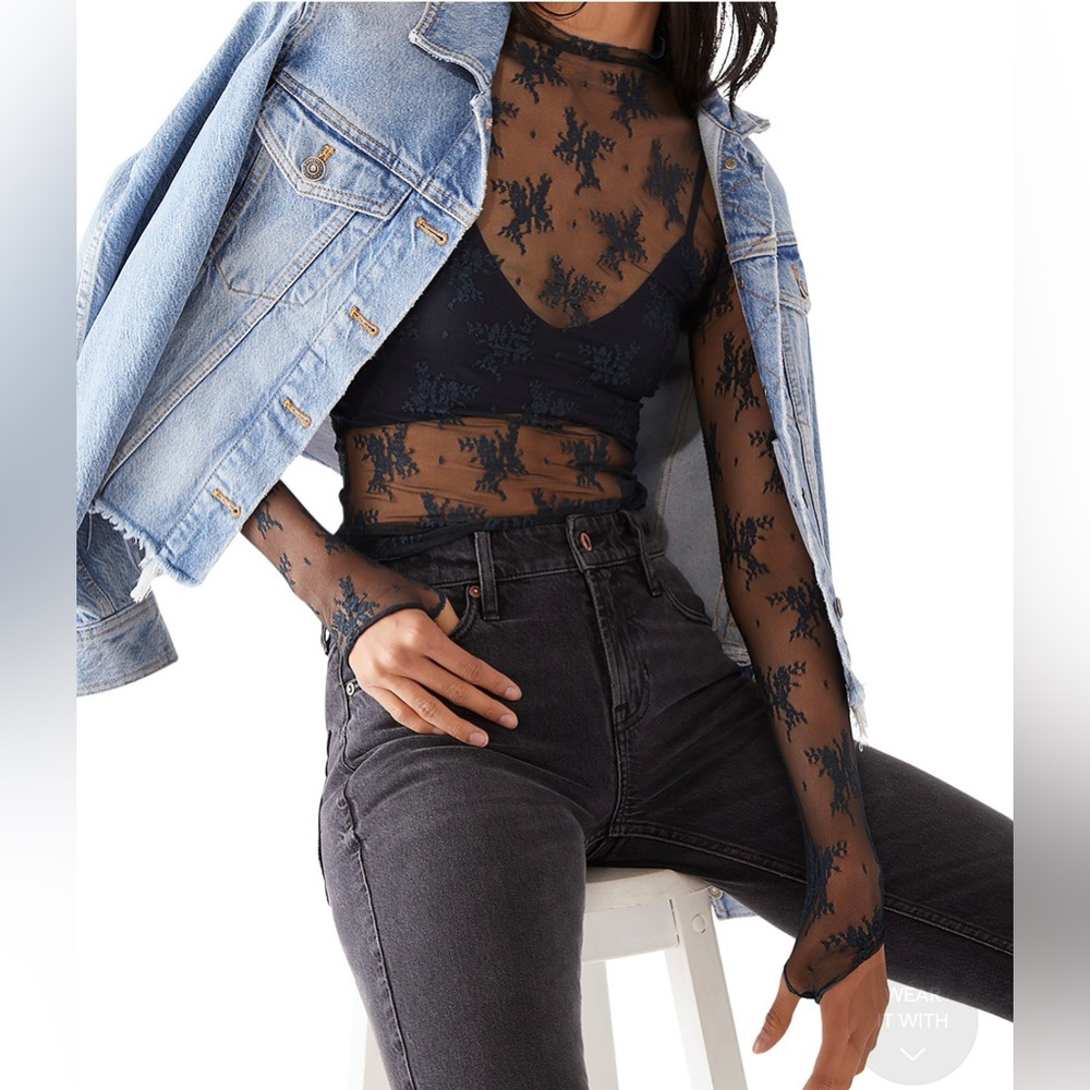 Free People Black Sheer Lace Long Sleeve Tee